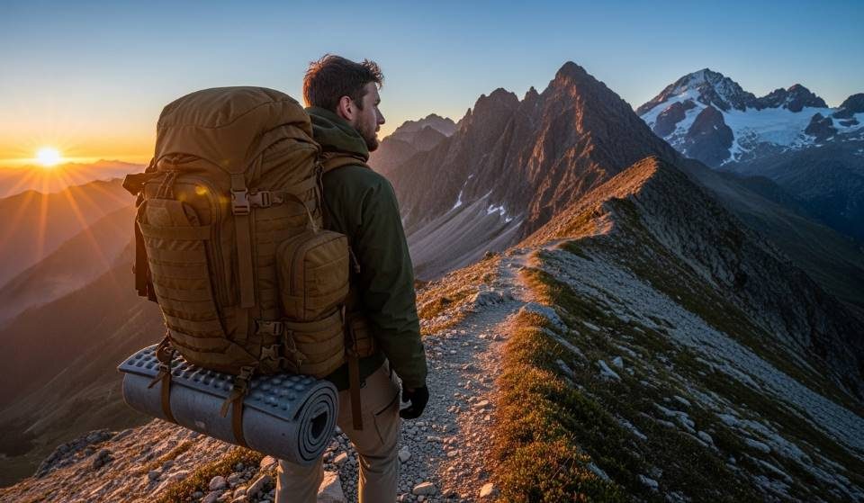 Hiker on mountain trail with versatile tactical backpack at sunrise