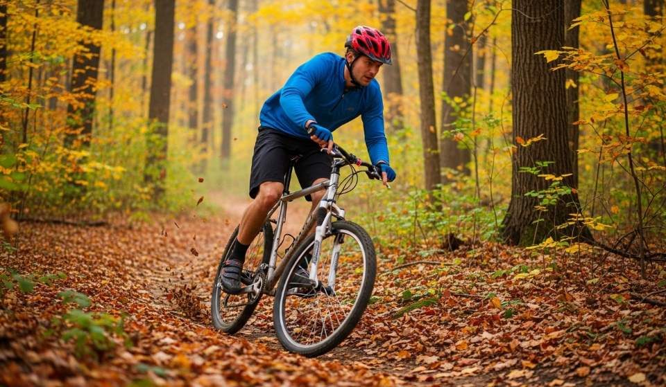 Rider navigating a forested trail on a budget mountain bike, surrounded by autumn leaves.