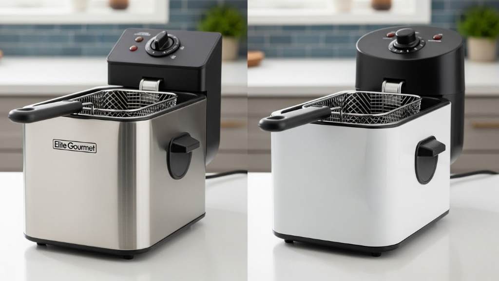 Affordable deep fryer comparison featuring Elite Gourmet EDF2100 stainless steel design