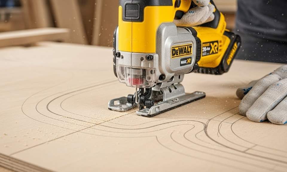 DEWALT 20V MAX XR Jig Saw cutting curved patterns in plywood during a woodworking project.