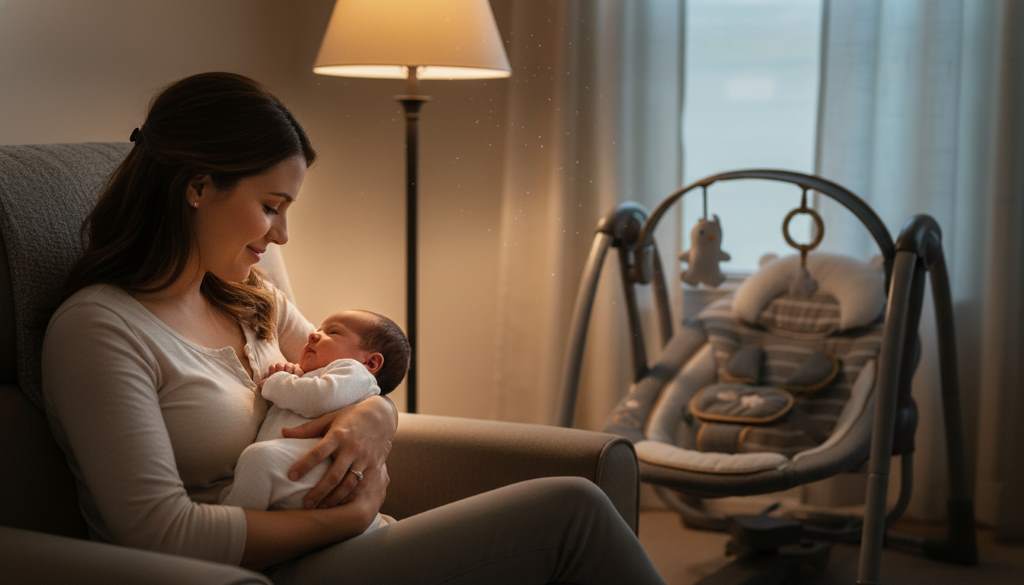 Mother holding baby both smile peacefully in dim light