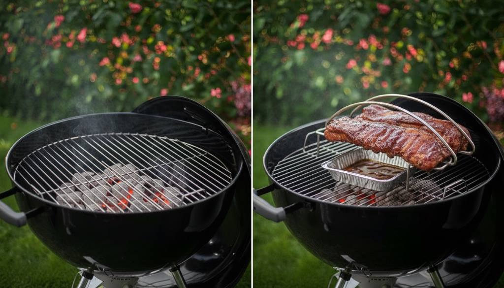 Side-by-side view of Weber Kettle two-zone setup with direct heat coals banked and indirect cooking area for ribs