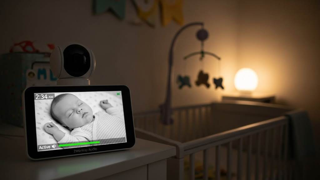 two-way audio baby monitor camera in nursery showing clear image of infant in crib