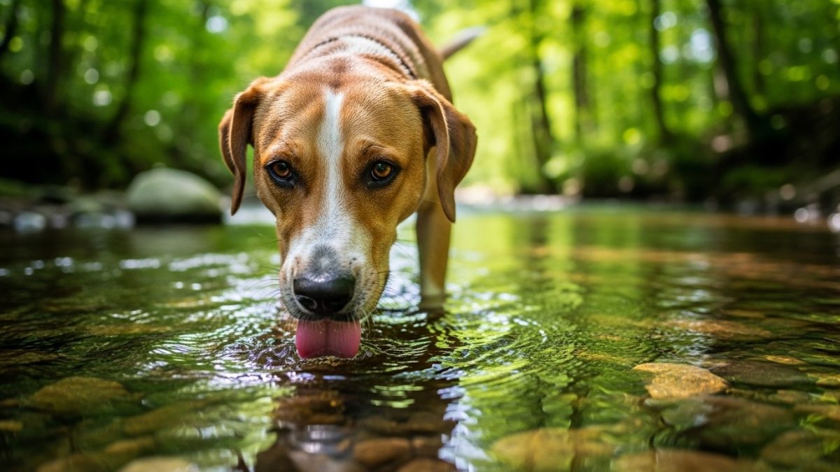 Dog drinking water from portable bowl during summer walk to prevent heatstroke and maintain hydration