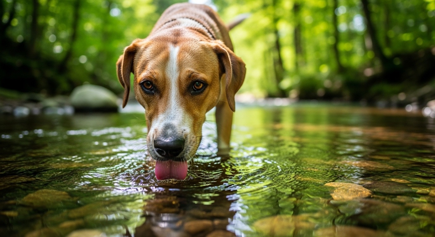 Dog drinking water from portable bowl during summer walk to prevent heatstroke and maintain hydration