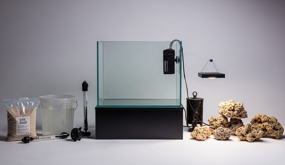 Beginner reef tank setup with live rock and coral