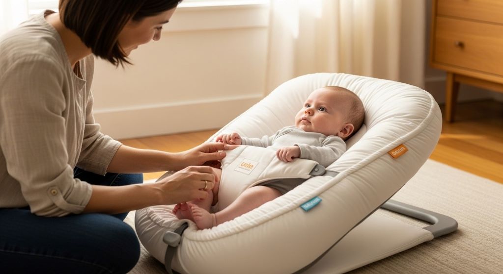 Parent supervising infant positioned at gentle angle in supportive baby lounger designed to provide digestive comfort and reflux relief