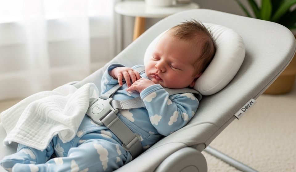 Newborn baby resting comfortably in inclined safety lounger with secure harness after feeding to help reduce reflux symptoms