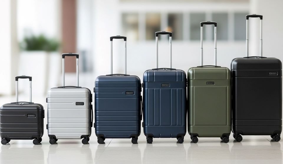 Various sizes of modern travel luggage arranged side by side showing suitcase size comparison from carry-on to large checked bags