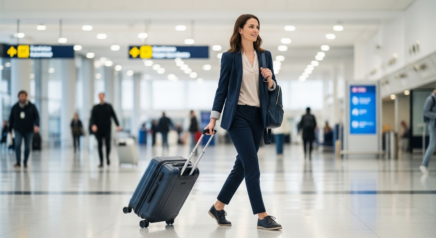Traveler pulling quality wheeled luggage through airport terminal demonstrating proper suitcase selection for international travel