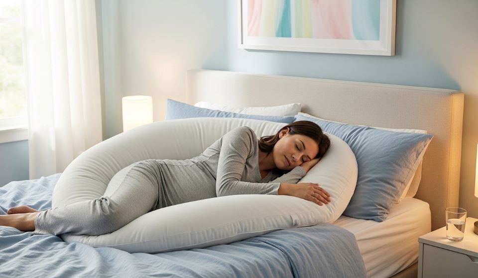 Pregnant woman sleeping comfortably on her side with white U-shaped pregnancy support pillow in peaceful bedroom setting