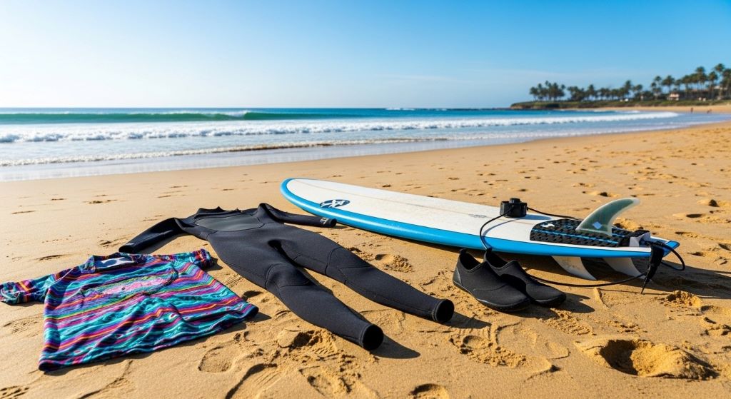 Women's surf equipment including wetsuit, water shoes, and soft-top board laid out on sand