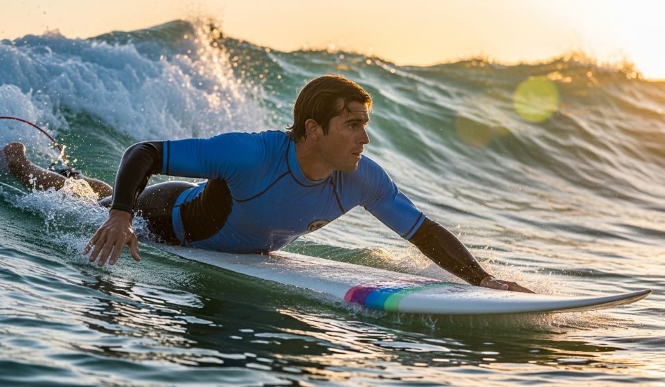Surfer wearing a long sleeve rash guard paddling out through ocean waves