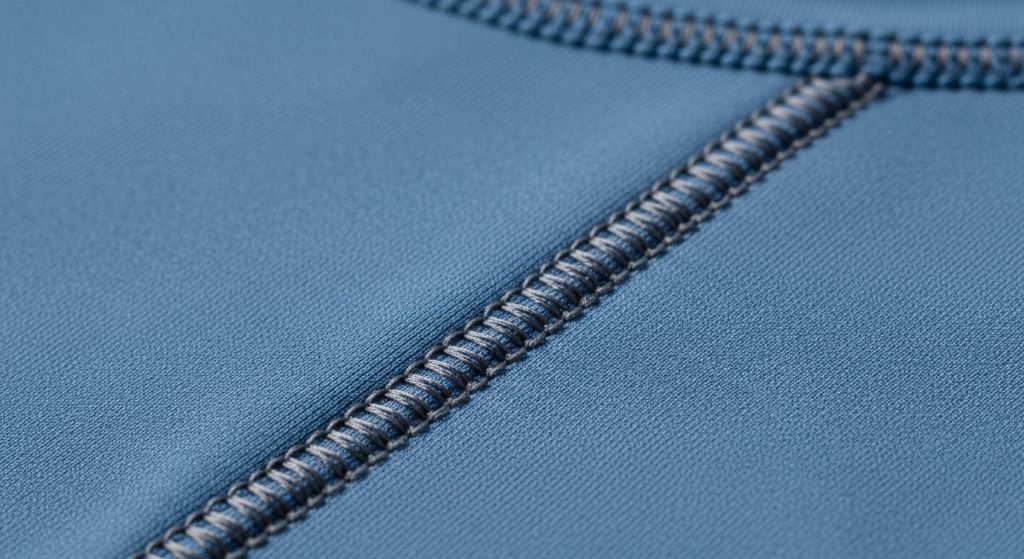 Close-up of rash guard flatlock seam and UPF fabric detail on a surf shirt