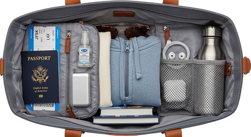 Organized interior of a travel tote showing pockets, passport, and boarding pass