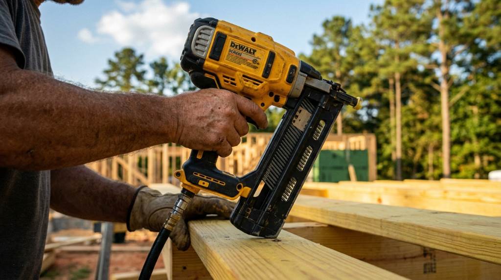 Construction contractor in Atlanta repairing pneumatic nail gun seals and O-rings inside a workshop