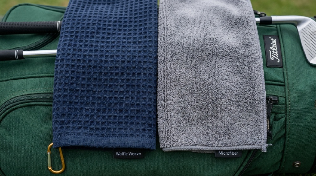 Close-up comparison of waffle weave and microfiber golf towel materials laid flat on a green golf bag