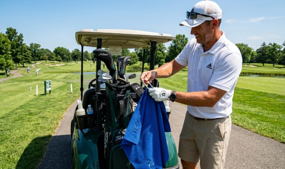 Golfer clipping a large microfiber golf towel onto a bag strap on a hot, sunny golf course during a summer round
