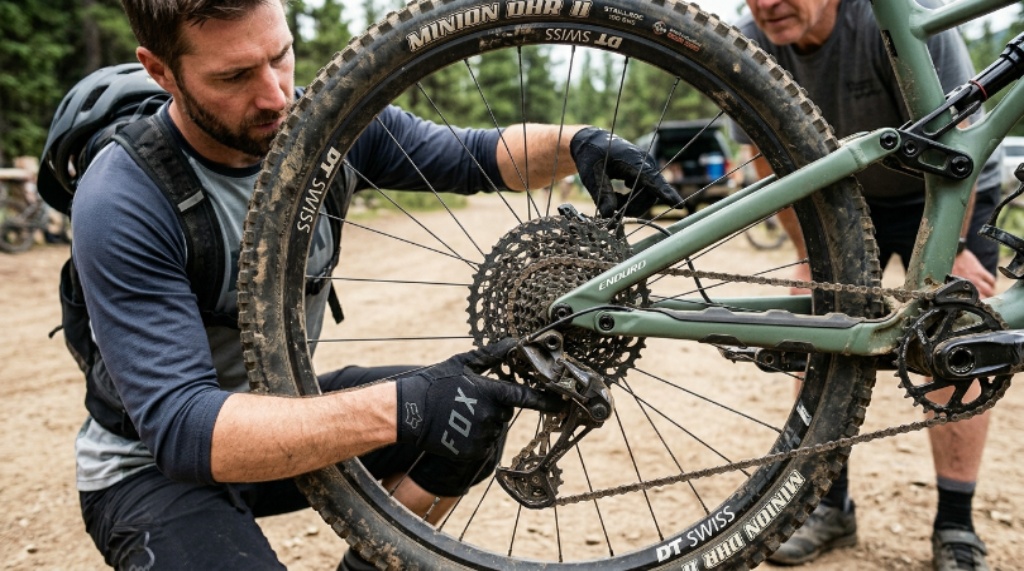 Close-up of mountain bike hydraulic disc brake and drivetrain components being inspected before buying