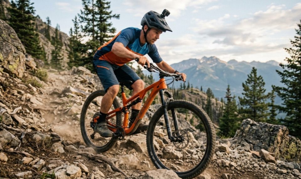 Cyclist testing a mountain bike on a rocky trail to evaluate braking and gear shifting performance before purchase