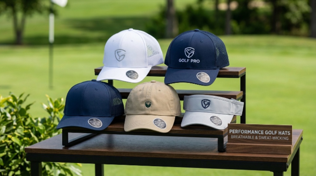 Selection of breathable sweat-wicking golf hats displayed against a green background