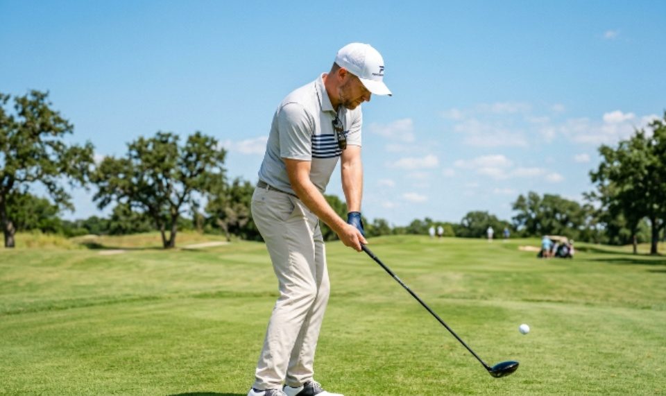 Golfer wearing a moisture-wicking cap on a sunny golf course during a summer round