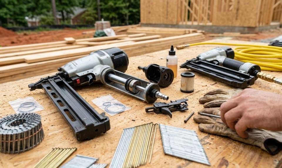 Professional Atlanta builder using a pneumatic framing nail gun on a residential construction site during summer