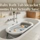 Collapsible baby bath tub in a modern bathroom with overlay text about space-saving ideas.