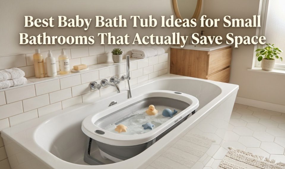 Collapsible baby bath tub in a modern bathroom with overlay text about space-saving ideas.