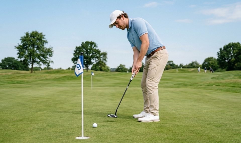 beginner male golfer using mallet putter on green