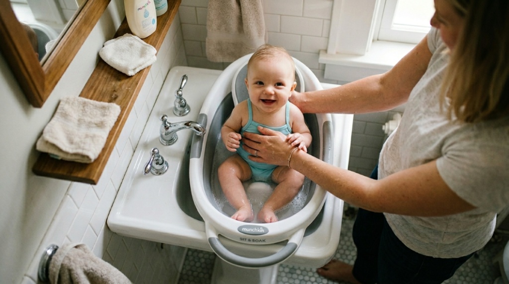 Compact baby bather seat used in a small bathroom sink to demonstrate minimal footprint.