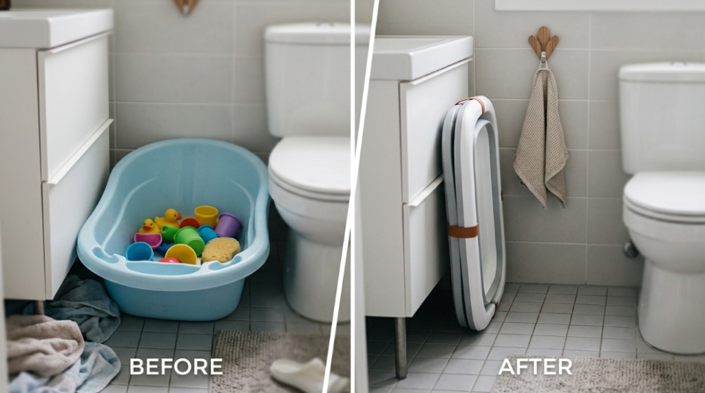 Folded baby bathtub tucked into a narrow gap between a bathroom vanity and wall to save floor space.