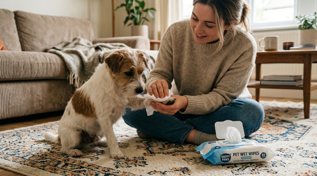 A owner wiping a small dog's dirty paw using a pet wet wipe.