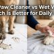 A split screen comparing a muddy dog paw to a clean paw after using a cleaner.