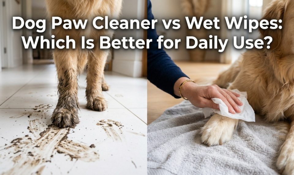 A split screen comparing a muddy dog paw to a clean paw after using a cleaner.