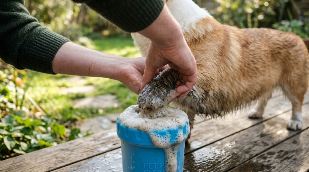  A person washing a corgi's muddy paw inside a silicone dog paw cleaner cup.