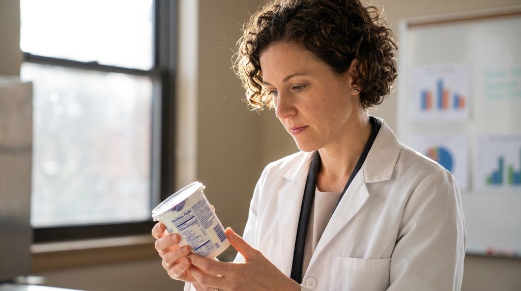 Chicago consumer checking yogurt nutrition facts and sugar content