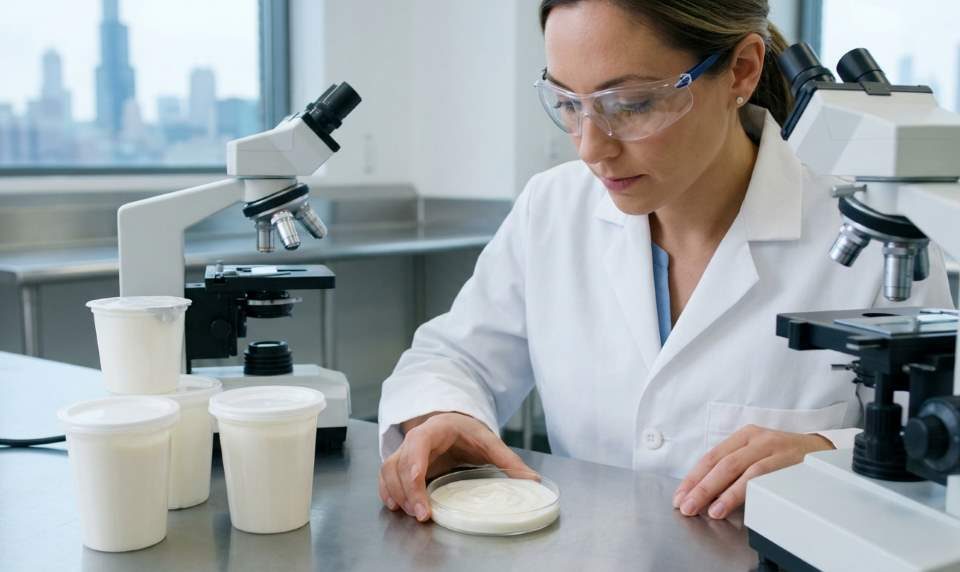 Nutrition expert reviewing packaged yogurt labels in Chicago grocery store