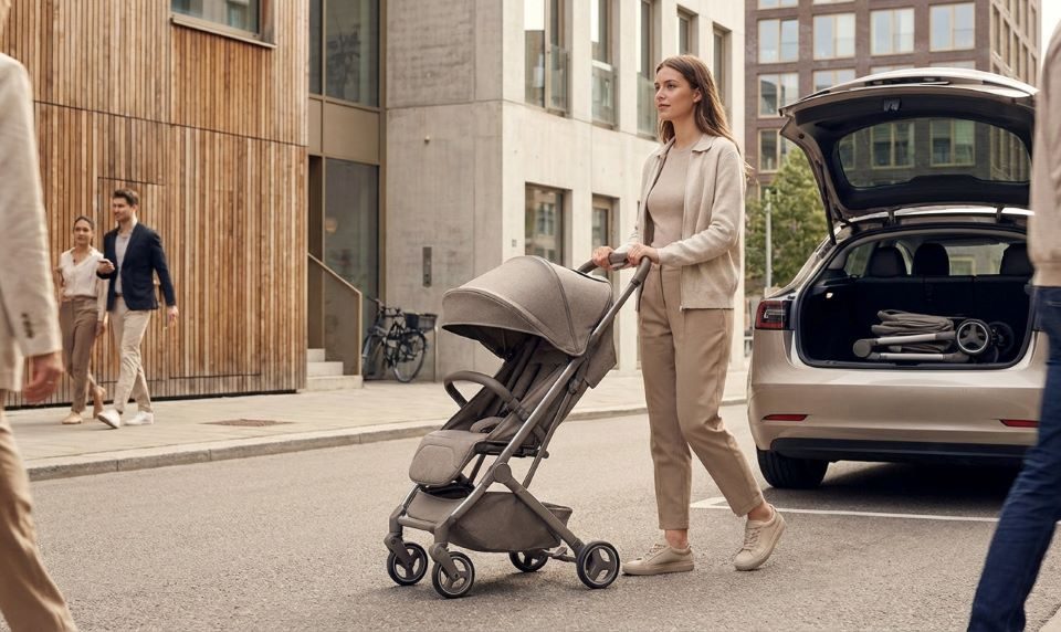 Compact baby stroller being pushed through a busy city sidewalk