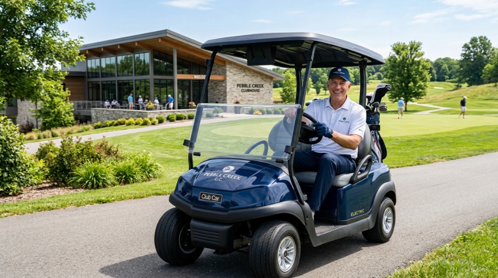A smiling golfer driving a luxury electric golf cart near the clubhouse.
