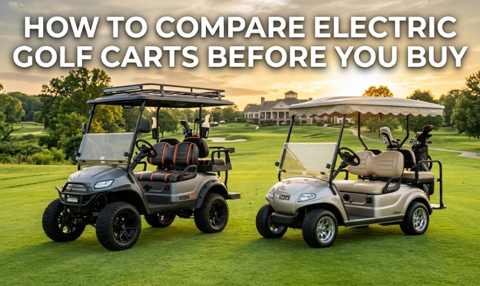Two different electric golf carts parked side by side on a green fairway.