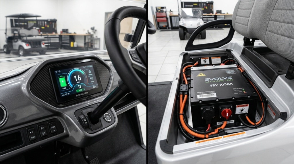 Close up of a modern lithium battery compartment inside an electric golf cart.