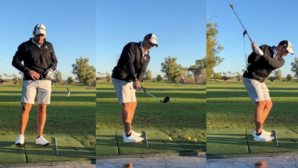 Beginner practicing swing with golf alignment training equipment on range