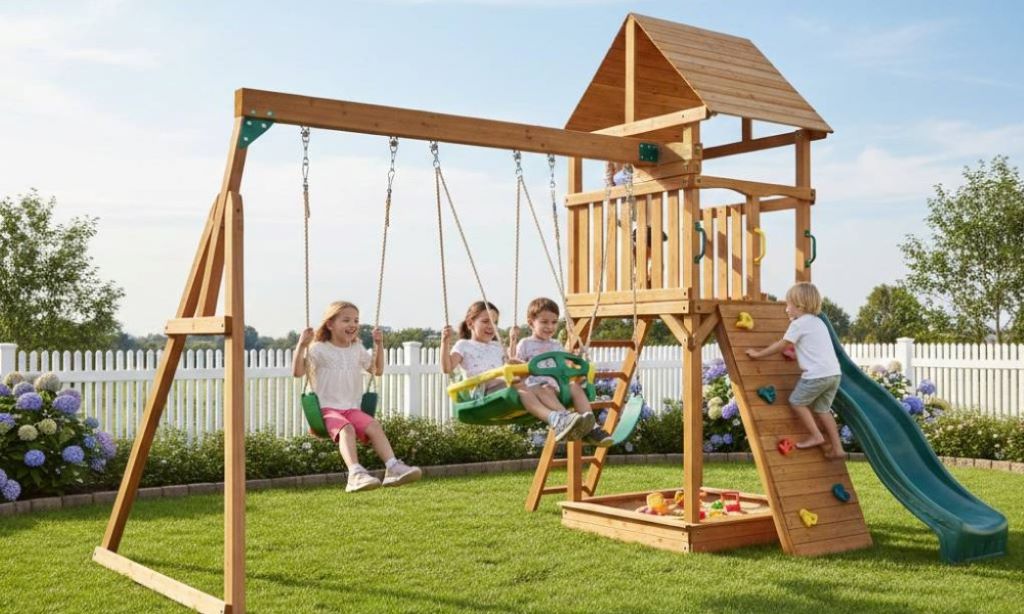 Kids playing on backyard swings and climbing equipment outdoors