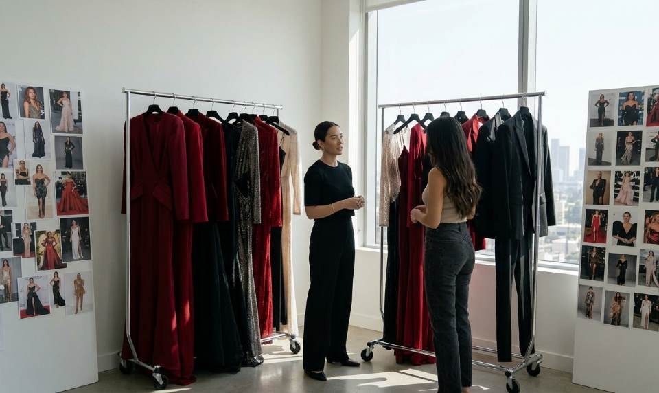 Elegant red carpet inspired evening outfit with classic styling