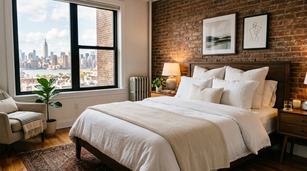 Cozy bed with affordable pillows in a New York apartment bedroom.