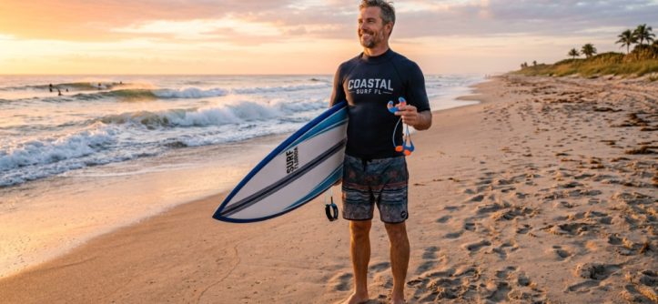 Surfer holding surf earplugs on a sunny Florida beach.