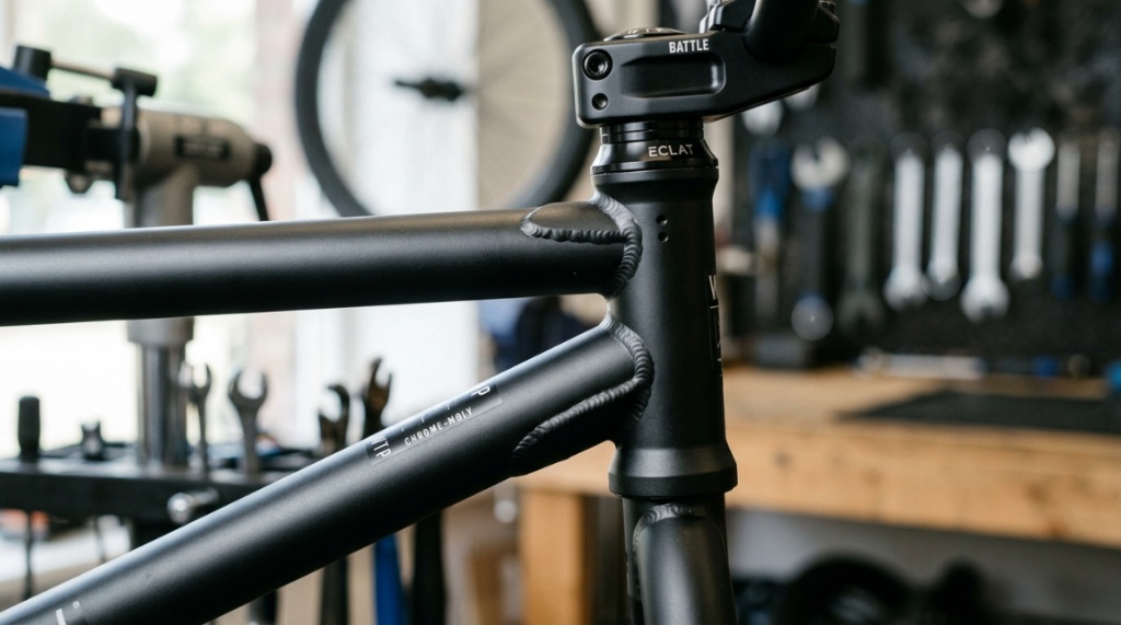 Close-up view of a lightweight chrome-moly BMX frame and headset.