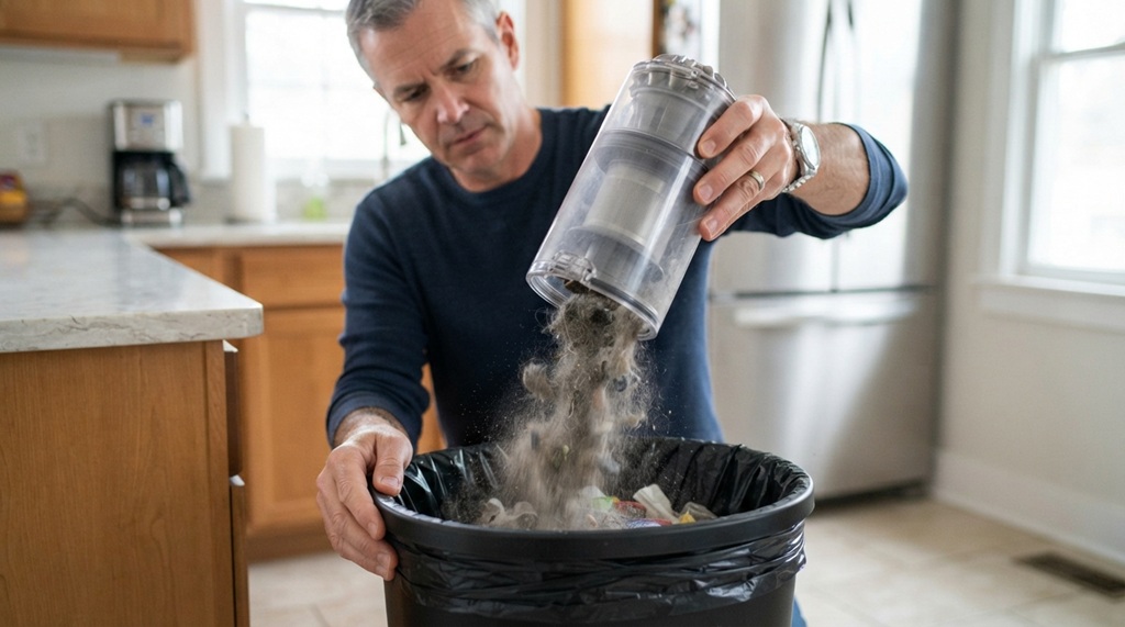 Man emptying a bagless stick vacuum dust cup into a trash can.