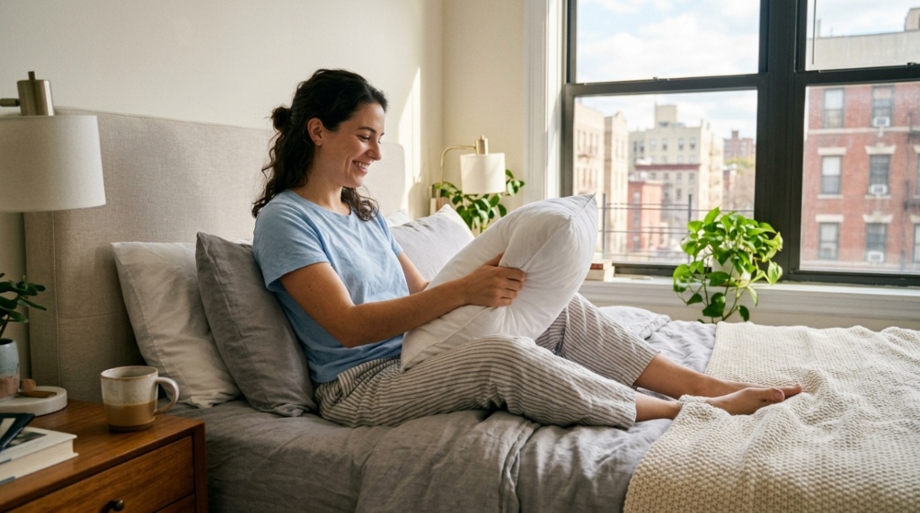 Woman smiling while testing a comfortable budget pillow in bed.